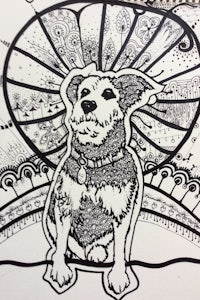 a black and white drawing of a dog