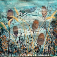 a painting of a dragonfly flying over a field of thistles