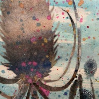 a painting of a thistle with colorful splatters