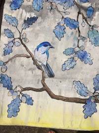 a painting of a blue bird sitting on a branch