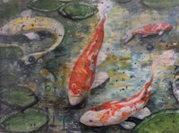 a painting of koi fish swimming in a pond